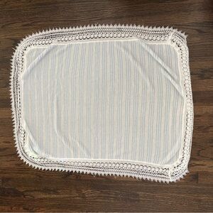 Vintage Reno White and Blue Striped Made In Italy Lace Trim Blanket